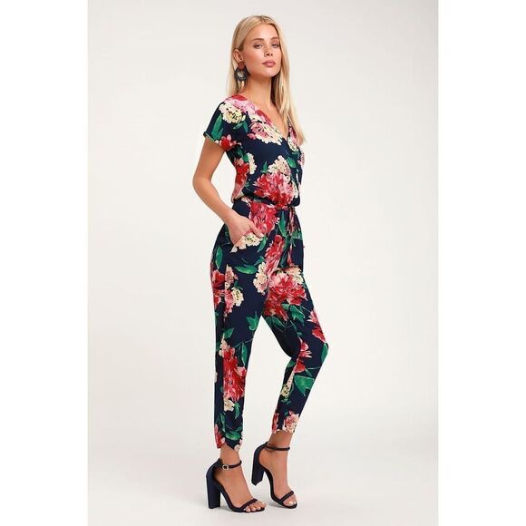 Lulus Size M Floral Surplice Jumpsuit Navy Blue Red Flower Tropical Tie Waist - Picture 3 of 12